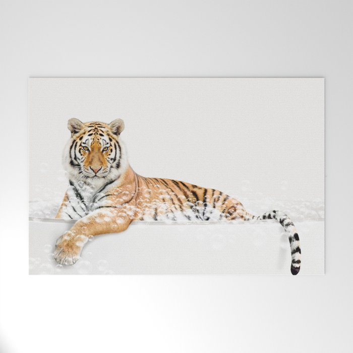 Tiger in a Bathtub, Tiger Taking a Bath, Tiger Bathing, Whimsy Animal Art Print By Synplus Welcome Mat Gallery Image 1