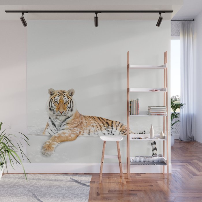 Tiger in a Bathtub, Tiger Taking a Bath, Tiger Bathing, Whimsy Animal Art Print By Synplus Wall Mural Gallery Image 1