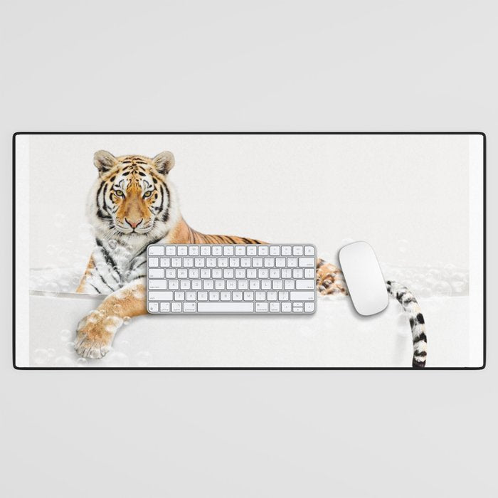 Tiger in a Bathtub, Tiger Taking a Bath, Tiger Bathing, Whimsy Animal Art Print By Synplus Desk Mat Gallery Image 1