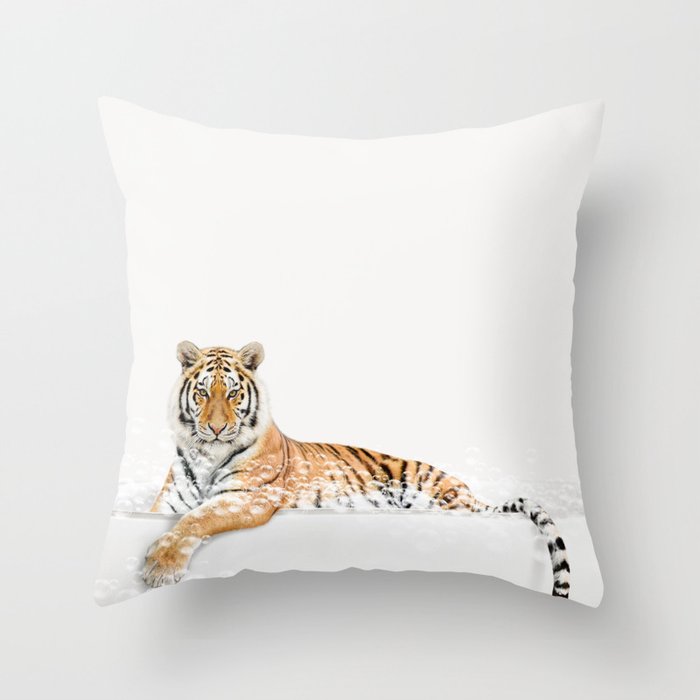 Tiger in a Bathtub, Tiger Taking a Bath, Tiger Bathing, Whimsy Animal Art Print By Synplus Throw Pillow Gallery Image 1