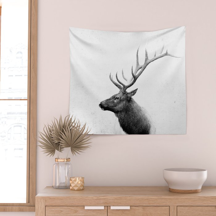 Bull Elk  Black and White Wildlife Photography Wall Tapestry Gallery Image 2
