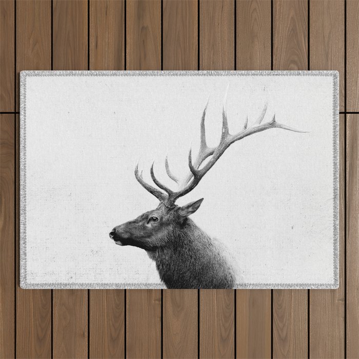 Bull Elk  Black and White Wildlife Photography Outdoor Rug Gallery Image 1