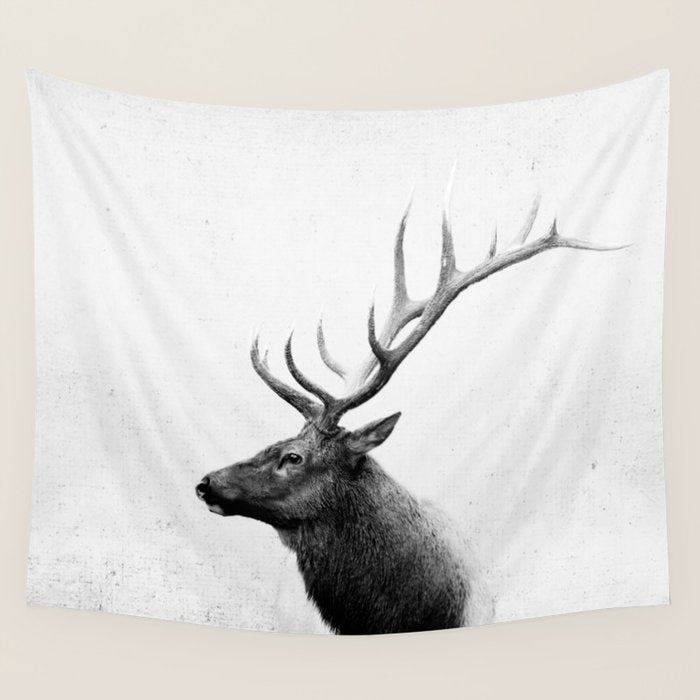 Bull Elk  Black and White Wildlife Photography Wall Tapestry Gallery Image 1
