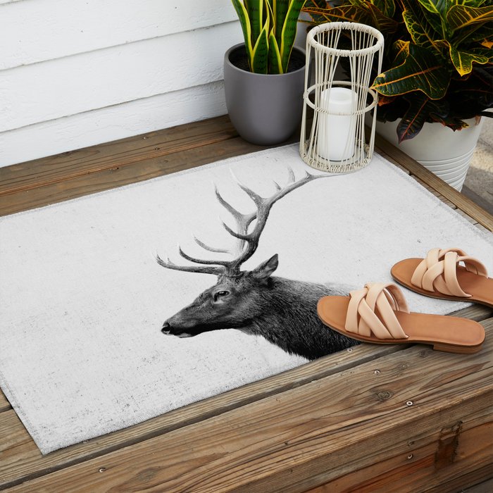 Bull Elk  Black and White Wildlife Photography Outdoor Rug Gallery Image 2