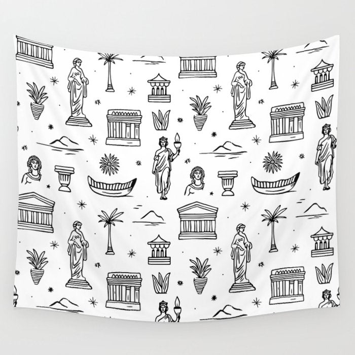 Black and white ancient greek statue pattern Wall Tapestry Gallery Image 4
