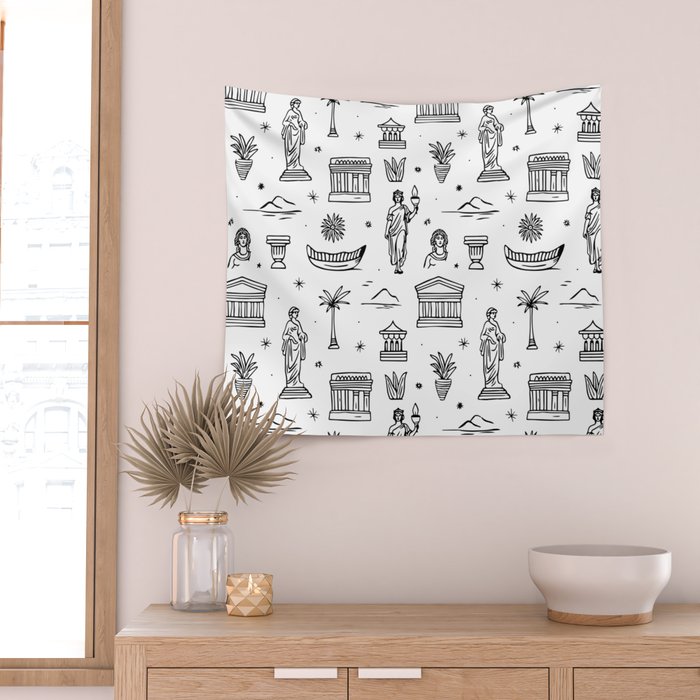 Black and white ancient greek statue pattern Wall Tapestry Gallery Image 2