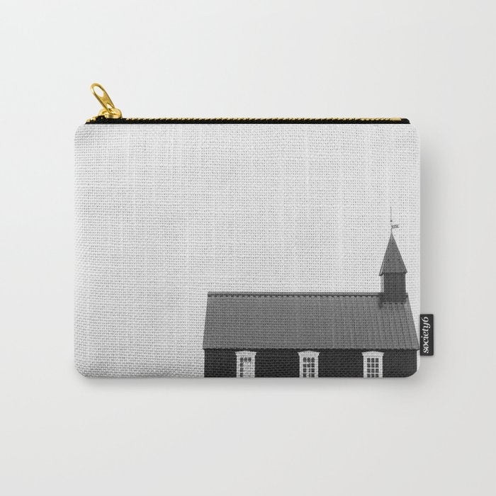 Chapel in Budir Iceland - Landscape Art Print, Black and White Photography Carry All Pouch Gallery Image 1