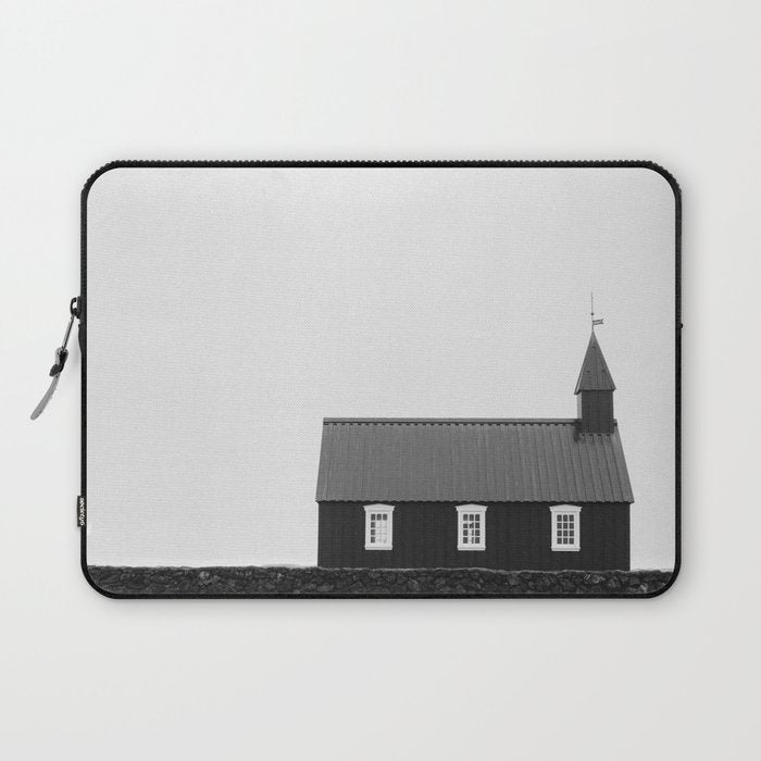 Chapel in Budir Iceland - Landscape Art Print, Black and White Photography Laptop Sleeve Gallery Image 1