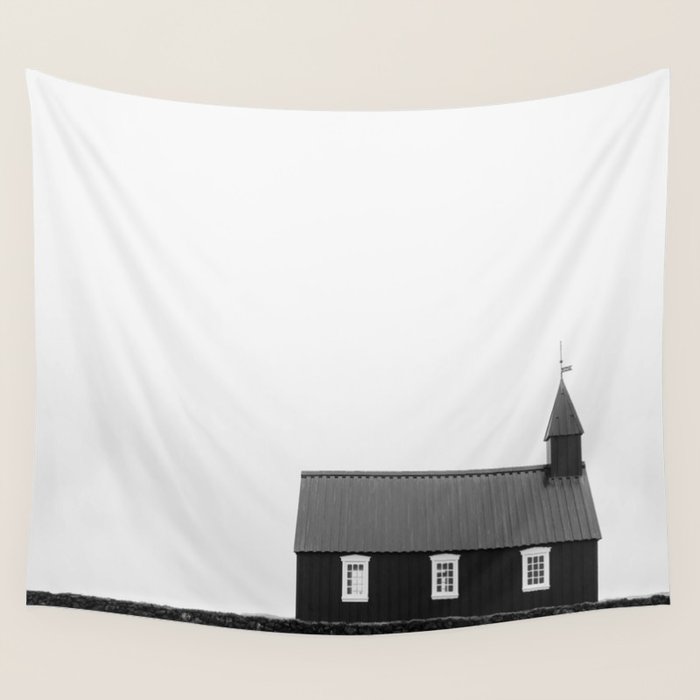Chapel in Budir Iceland - Landscape Art Print, Black and White Photography Wall Tapestry Gallery Image 1