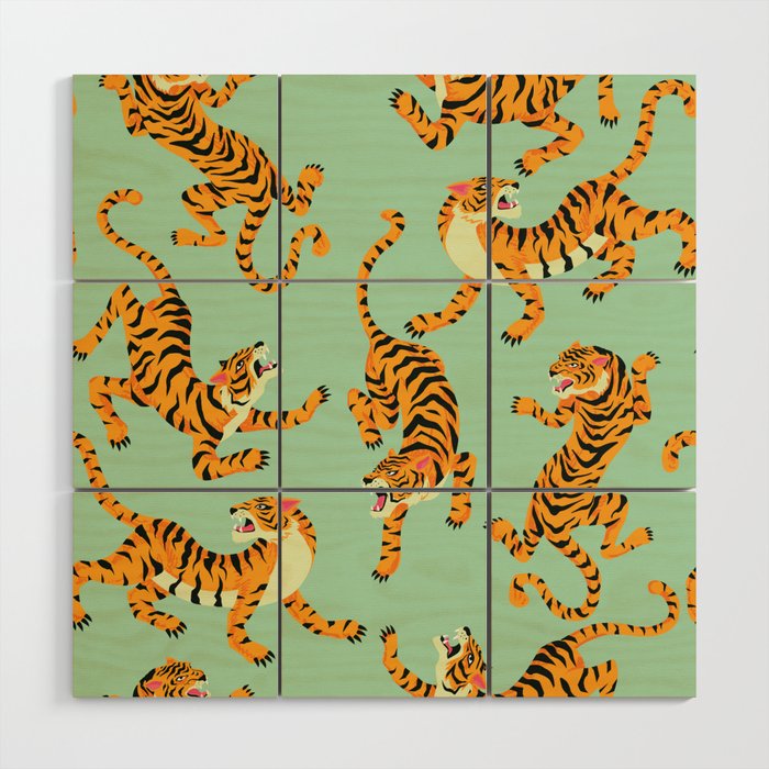 Mint Green Roaring Tiger Pattern Wood Wall Art Gallery Image 1