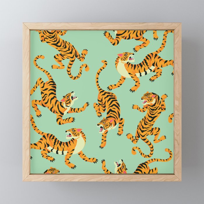 Mint Green Roaring Tiger Pattern Mini Art Print Gallery Image 1