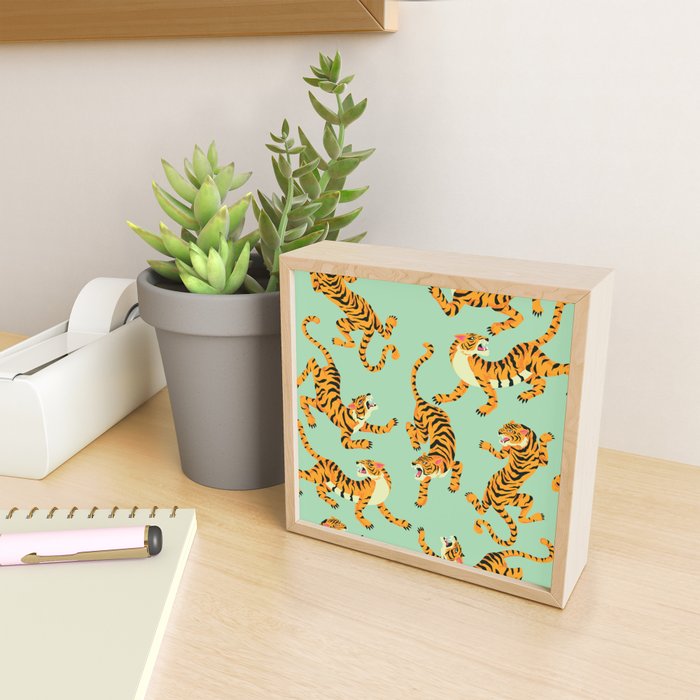 Mint Green Roaring Tiger Pattern Mini Art Print Gallery Image 2