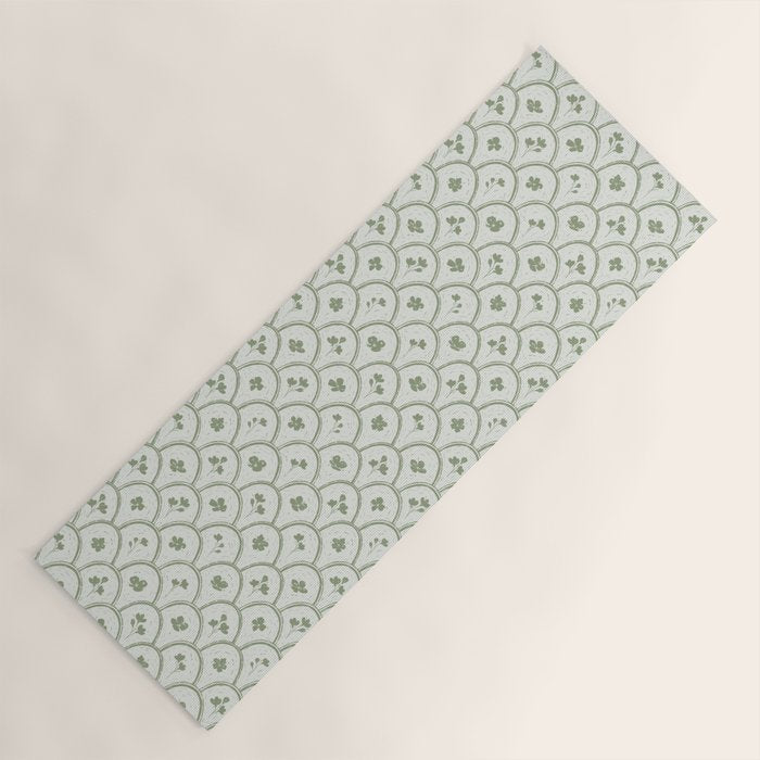 Rustic scallop floral block print - sage green pattern Yoga Mat Gallery Image 1