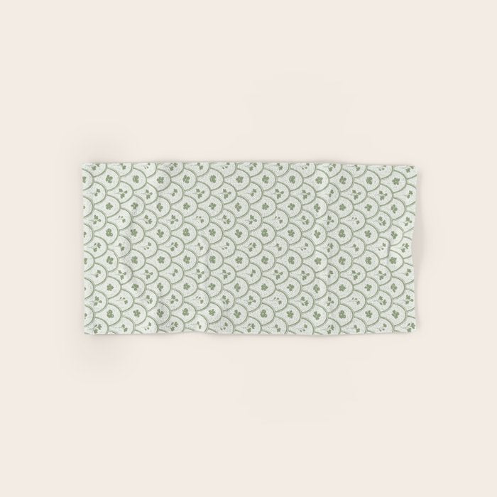 Rustic scallop floral block print - sage green pattern Bath Towel Gallery Image 1