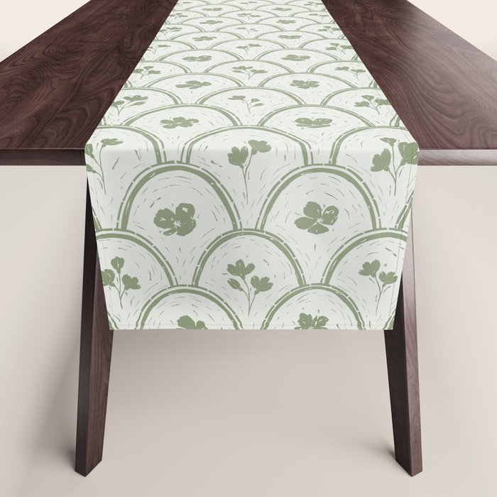 Rustic scallop floral block print - sage green pattern Table Runner Gallery Image 1