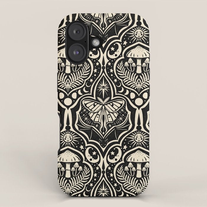 Celestial Forest Damask - black and cream iPhone Case Gallery Image 1