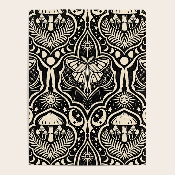 Celestial Forest Damask - black and cream Poster Gallery Image 4