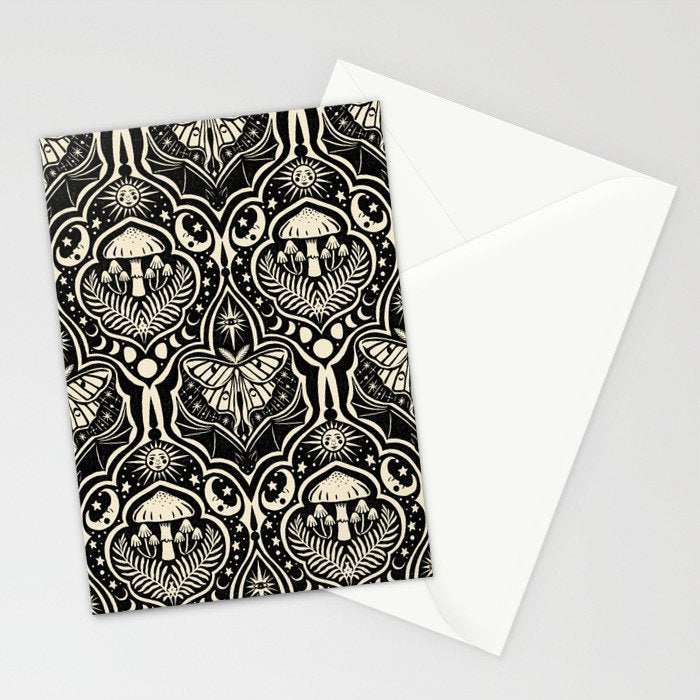 Celestial Forest Damask - black and cream Stationery Card Gallery Image 2