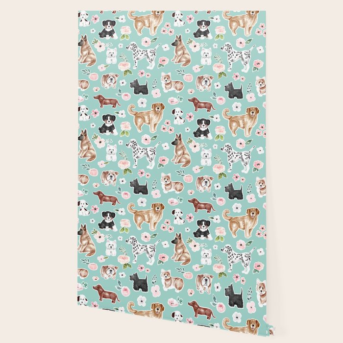Cute Dogs on Aqua Blue, Dogs and Flowers, Pet Painting, Cute Animals, Golden Retriever, Dachshund, Corgi, Bulldog, Dalmation Wallpaper Gallery Image 2