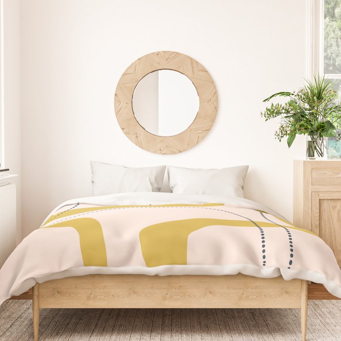 Retro Loops and Dots Midcentury Modern Pattern in Pale Blush Pink, Light Mustard, and Navy Blue Duvet Cover Gallery Image 3