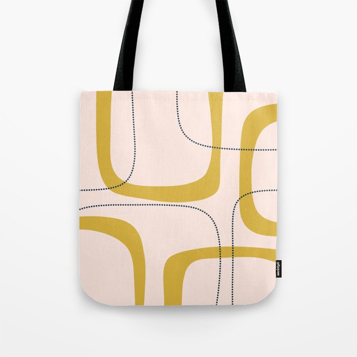 Retro Loops and Dots Midcentury Modern Pattern in Pale Blush Pink, Light Mustard, and Navy Blue Tote Bag Gallery Image 1