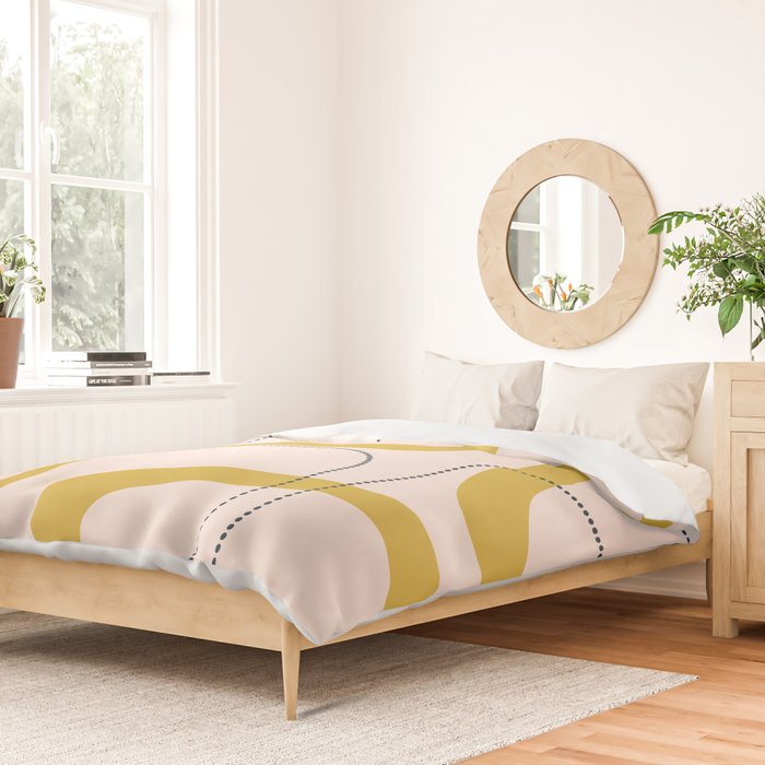 Retro Loops and Dots Midcentury Modern Pattern in Pale Blush Pink, Light Mustard, and Navy Blue Duvet Cover Gallery Image 2
