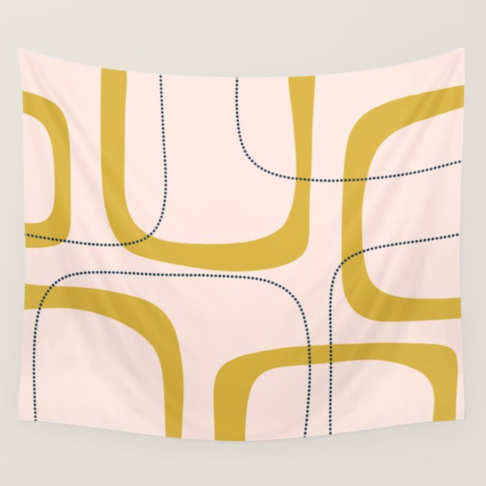 Retro Loops and Dots Midcentury Modern Pattern in Pale Blush Pink, Light Mustard, and Navy Blue Wall Tapestry Gallery Image 1