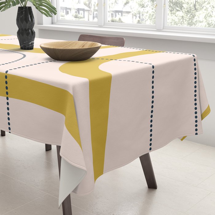 Retro Loops and Dots Midcentury Modern Pattern in Pale Blush Pink, Light Mustard, and Navy Blue Tablecloth Gallery Image 3