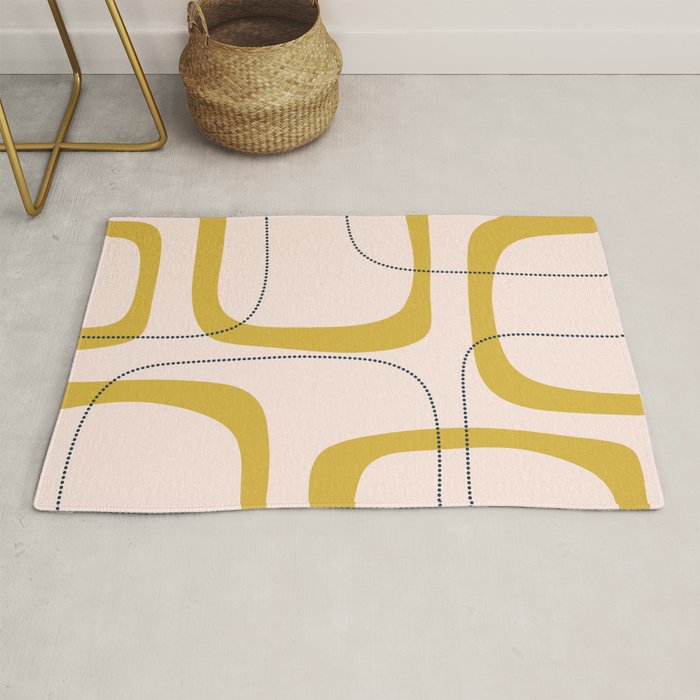Retro Loops and Dots Midcentury Modern Pattern in Pale Blush Pink, Light Mustard, and Navy Blue Rug Gallery Image 1