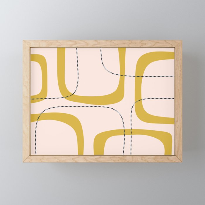Retro Loops and Dots Midcentury Modern Pattern in Pale Blush Pink, Light Mustard, and Navy Blue Mini Art Print Gallery Image 1