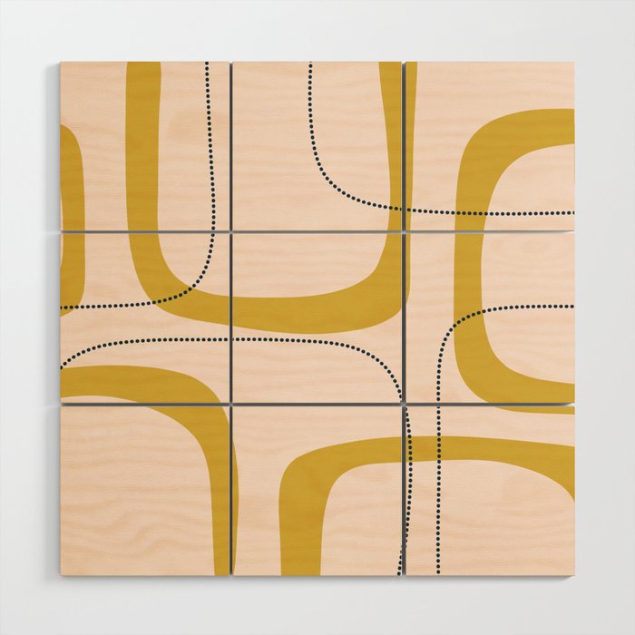 Retro Loops and Dots Midcentury Modern Pattern in Pale Blush Pink, Light Mustard, and Navy Blue Wood Wall Art Gallery Image 1