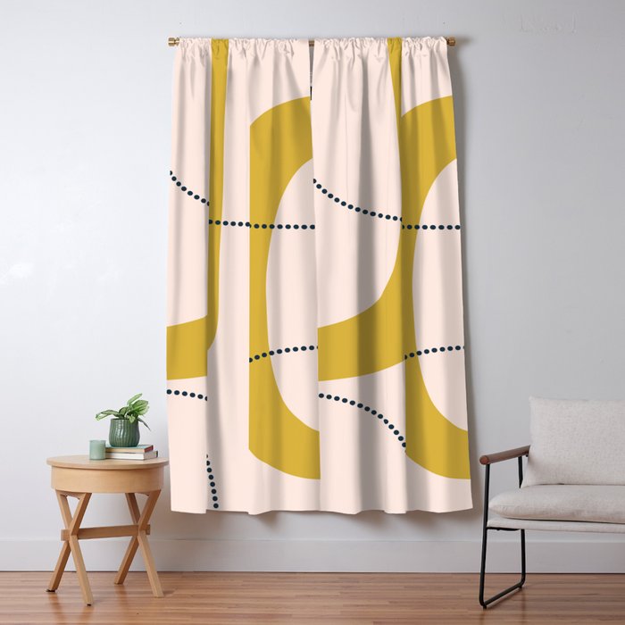 Retro Loops and Dots Midcentury Modern Pattern in Pale Blush Pink, Light Mustard, and Navy Blue Window Curtain Gallery Image 1