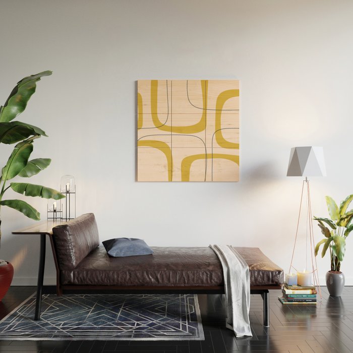 Retro Loops and Dots Midcentury Modern Pattern in Pale Blush Pink, Light Mustard, and Navy Blue Wood Wall Art Gallery Image 2