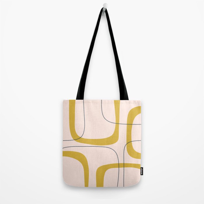 Retro Loops and Dots Midcentury Modern Pattern in Pale Blush Pink, Light Mustard, and Navy Blue Tote Bag Gallery Image 2