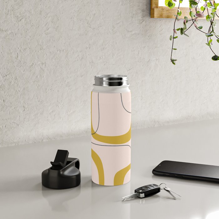 Retro Loops and Dots Midcentury Modern Pattern in Pale Blush Pink, Light Mustard, and Navy Blue Water Bottle Gallery Image 4