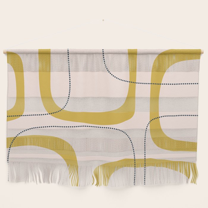 Retro Loops and Dots Midcentury Modern Pattern in Pale Blush Pink, Light Mustard, and Navy Blue Wall Hanging Gallery Image 1