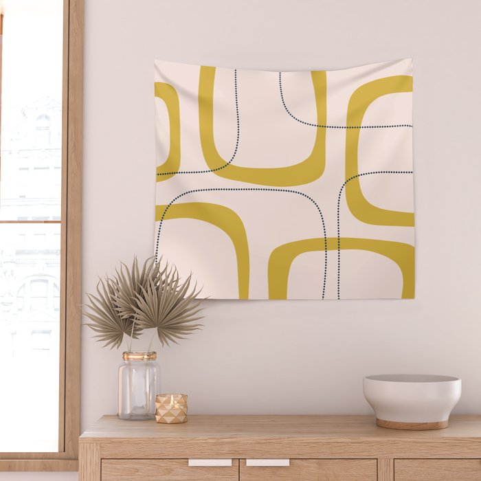 Retro Loops and Dots Midcentury Modern Pattern in Pale Blush Pink, Light Mustard, and Navy Blue Wall Tapestry Gallery Image 2
