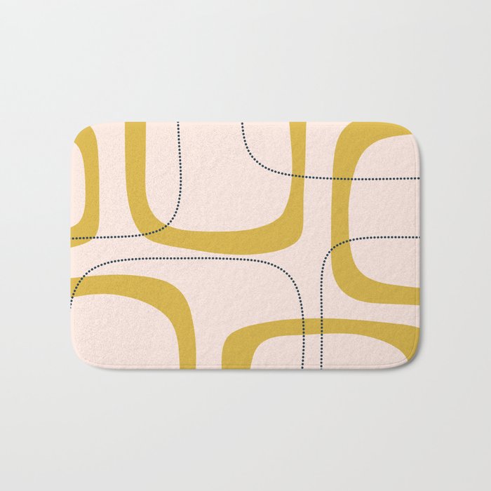 Retro Loops and Dots Midcentury Modern Pattern in Pale Blush Pink, Light Mustard, and Navy Blue Bath Mat Gallery Image 1