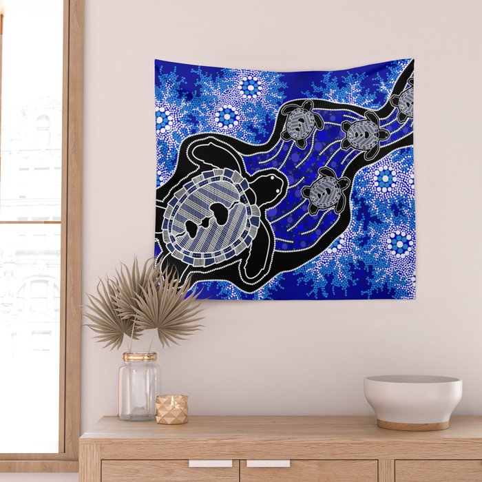 Authentic Aboriginal Art - Baby Sea Turtles Wall Tapestry Gallery Image 2