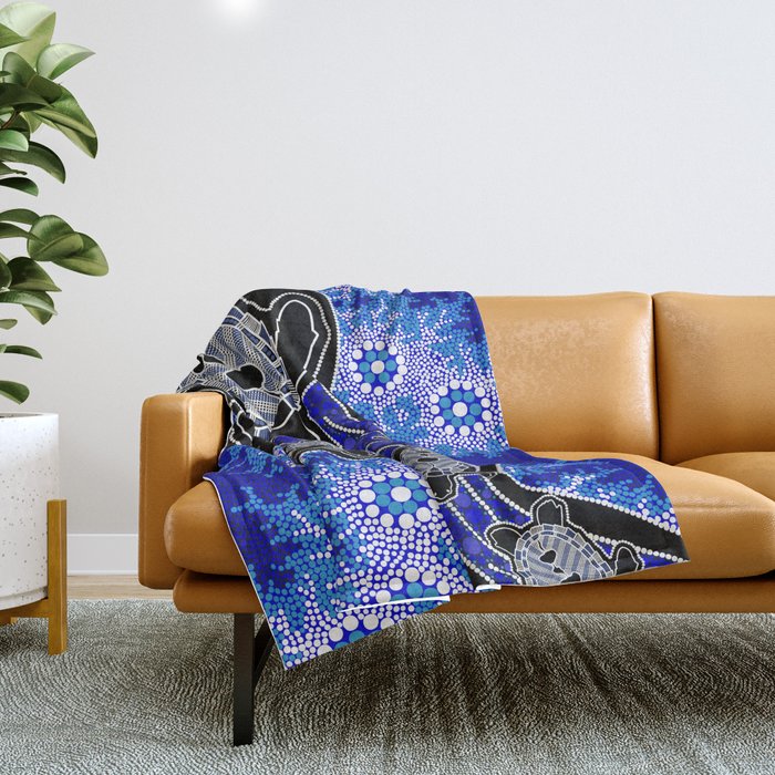 Authentic Aboriginal Art - Baby Sea Turtles Throw Blanket Gallery Image 1