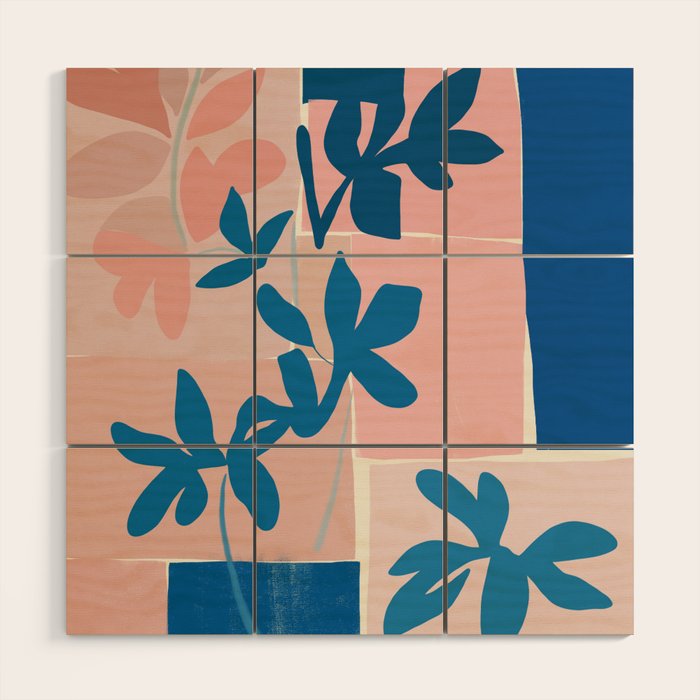 Pink Blue leaves composition Wood Wall Art Gallery Image 1