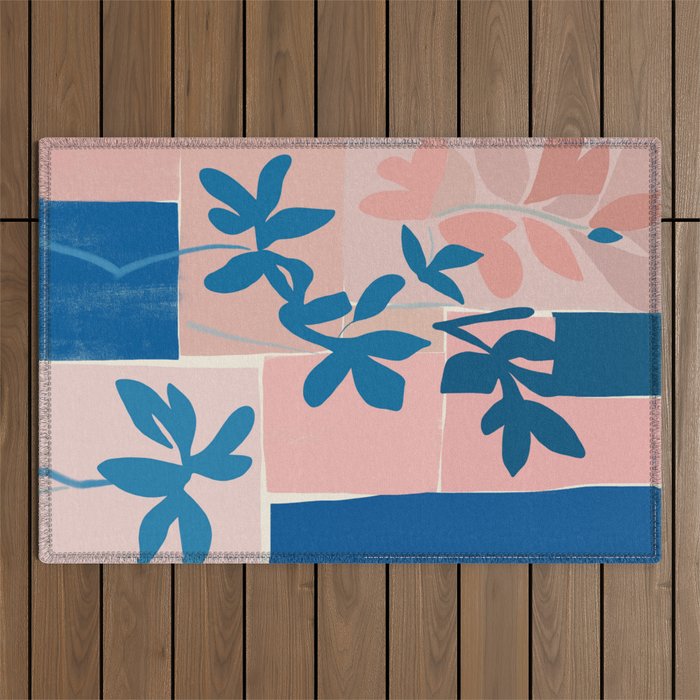 Pink Blue leaves composition Outdoor Rug Gallery Image 1
