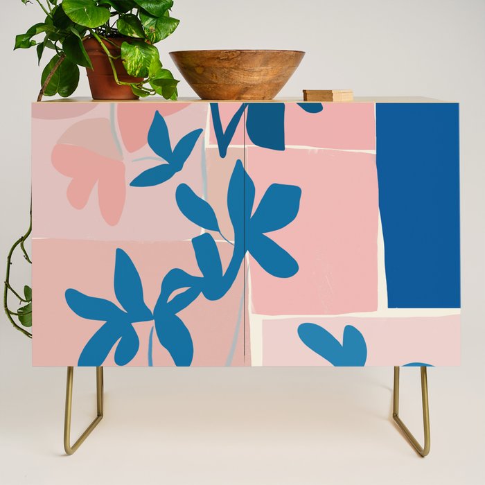 Pink Blue leaves composition Credenza Gallery Image 1
