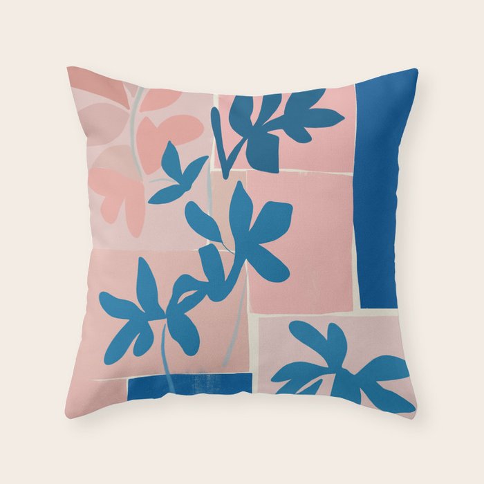 Pink Blue leaves composition Throw Pillow Gallery Image 1