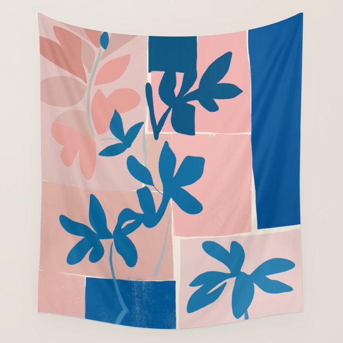 Pink Blue leaves composition Wall Tapestry Gallery Image 4