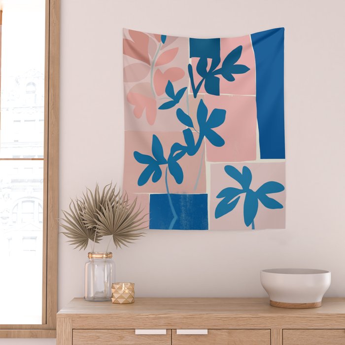 Pink Blue leaves composition Wall Tapestry Gallery Image 2