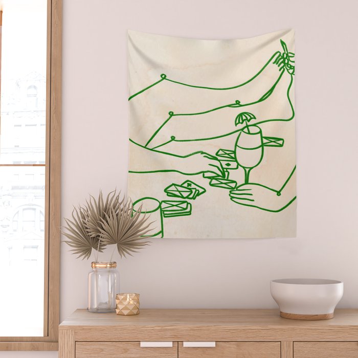 Feelin' Lucky, Beachy Sand Summer Playing cards, Nordic Coastal Line Art, Abstract Drawing Sketch Doodles Wall Tapestry Gallery Image 2