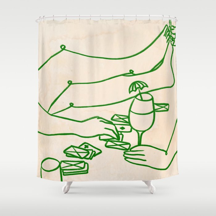 Feelin' Lucky, Beachy Sand Summer Playing cards, Nordic Coastal Line Art, Abstract Drawing Sketch Doodles Shower Curtain Gallery Image 1