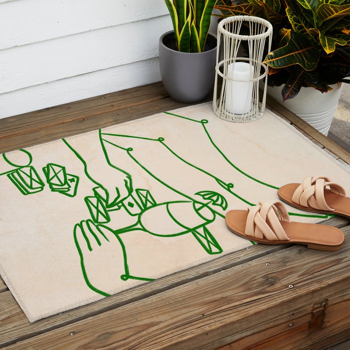 Feelin' Lucky, Beachy Sand Summer Playing cards, Nordic Coastal Line Art, Abstract Drawing Sketch Doodles Outdoor Rug Gallery Image 2