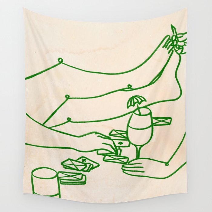 Feelin' Lucky, Beachy Sand Summer Playing cards, Nordic Coastal Line Art, Abstract Drawing Sketch Doodles Wall Tapestry Gallery Image 4
